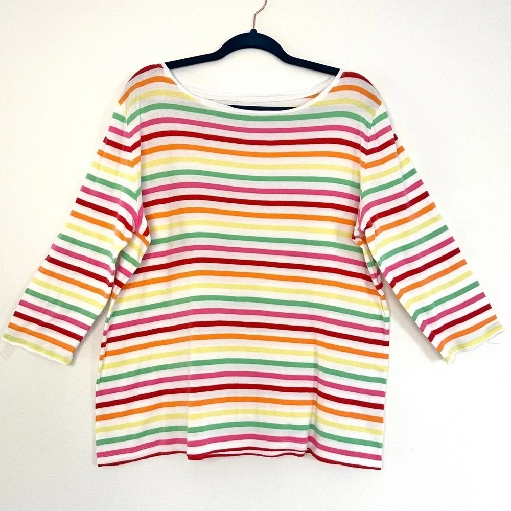 Talbots Womens Cotton Bateau Neck Sonora Stripe 3/4 Sleeve Tee Colorful Size XL - Picture 3 of 9